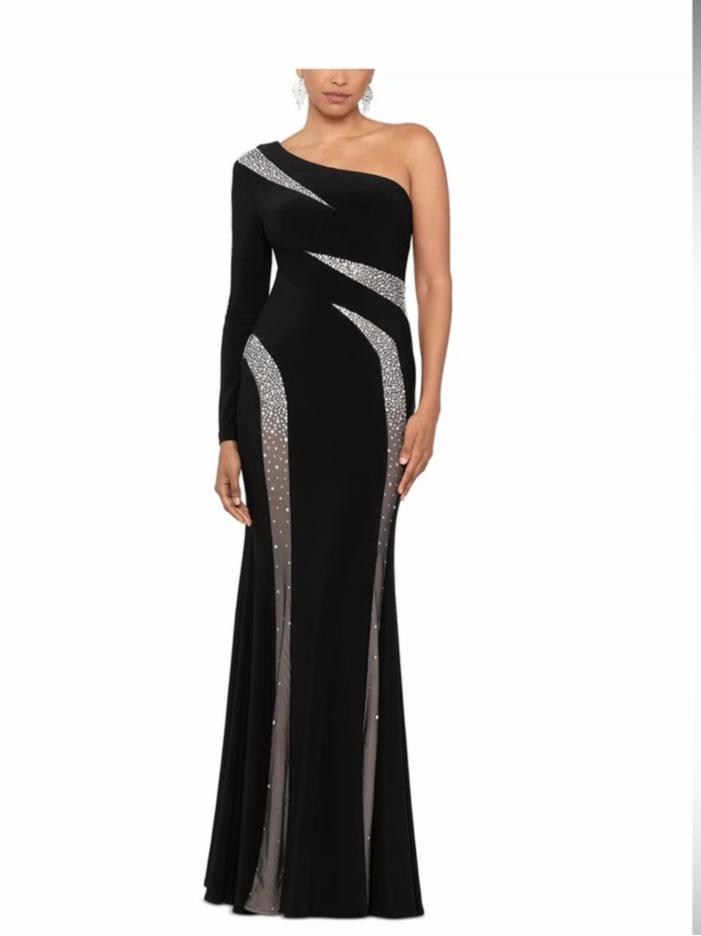 Betsy & Adam Black One-Shoulder Rhinestone Embellished Gown – Size 8